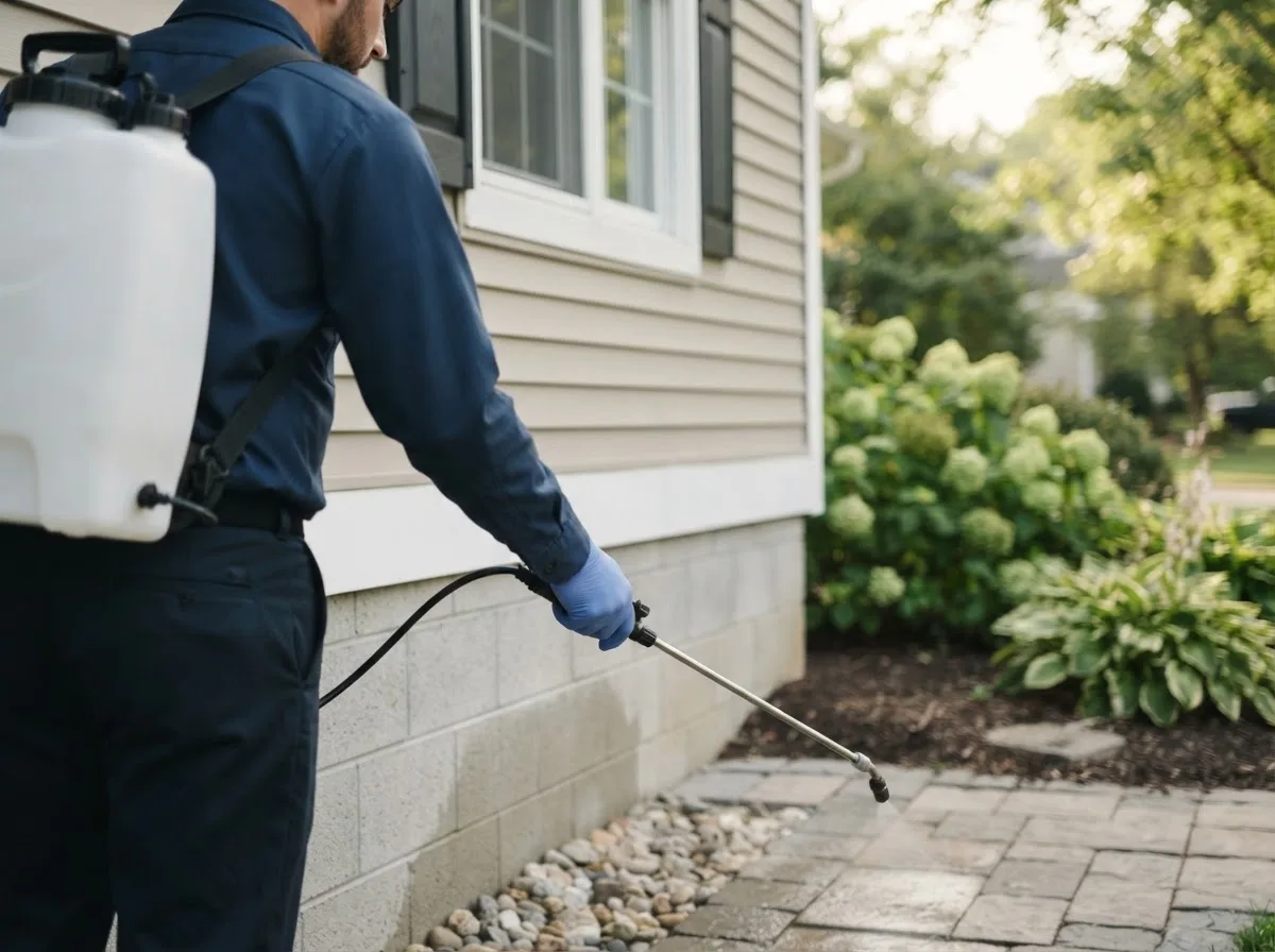 Pest control technician inspecting a home in Douglass, TX